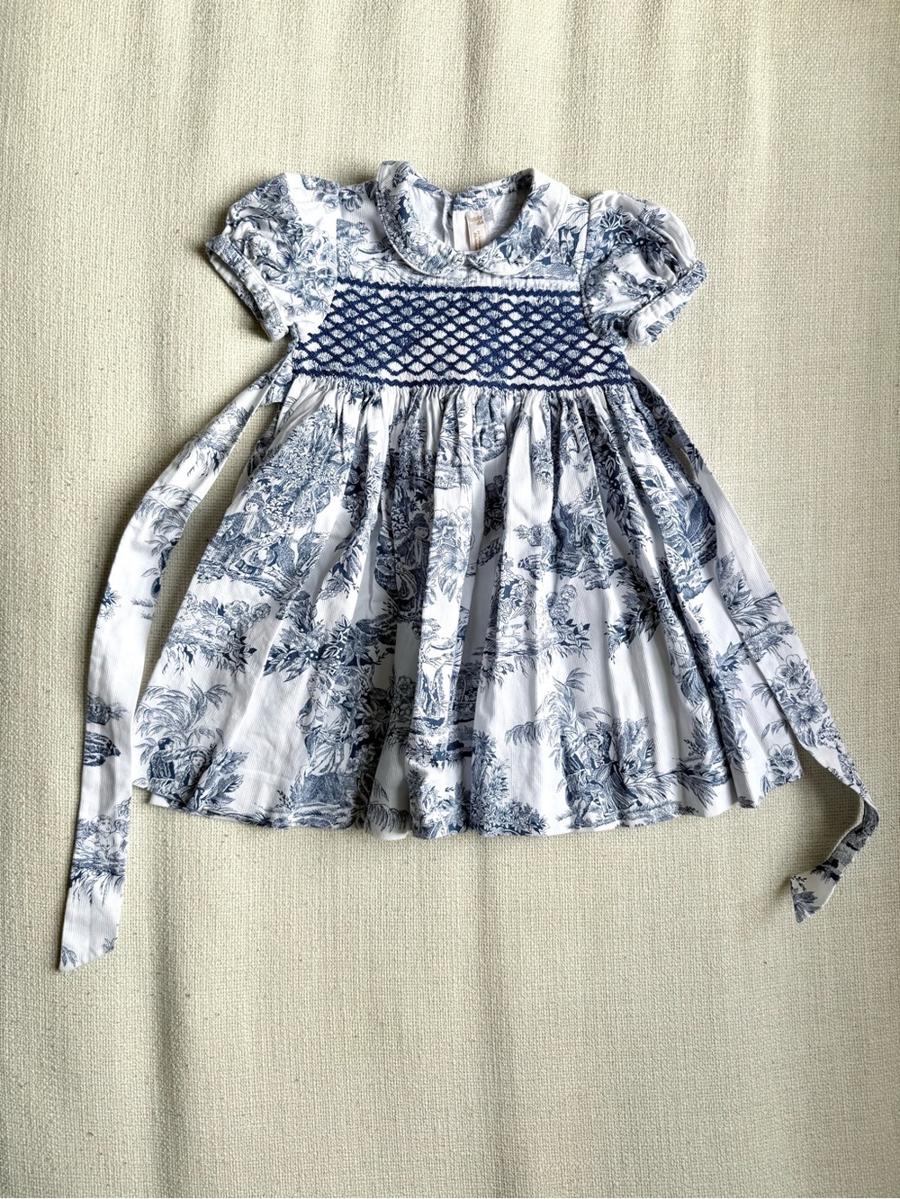 Blue Toile de Jouy Smocked Formal Dress with Puff Sleeves, 2T